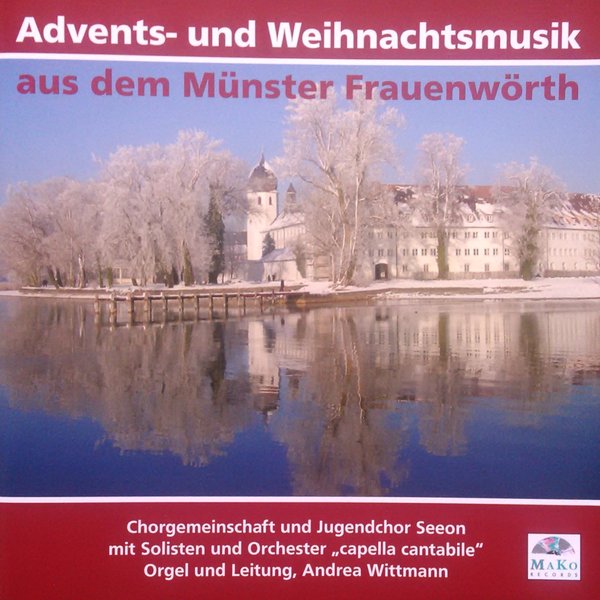 CD-Hülle „Advents- und Weihnachtsmusik aus dem Münster Frauenwörth“: das verschneite Kloster am See